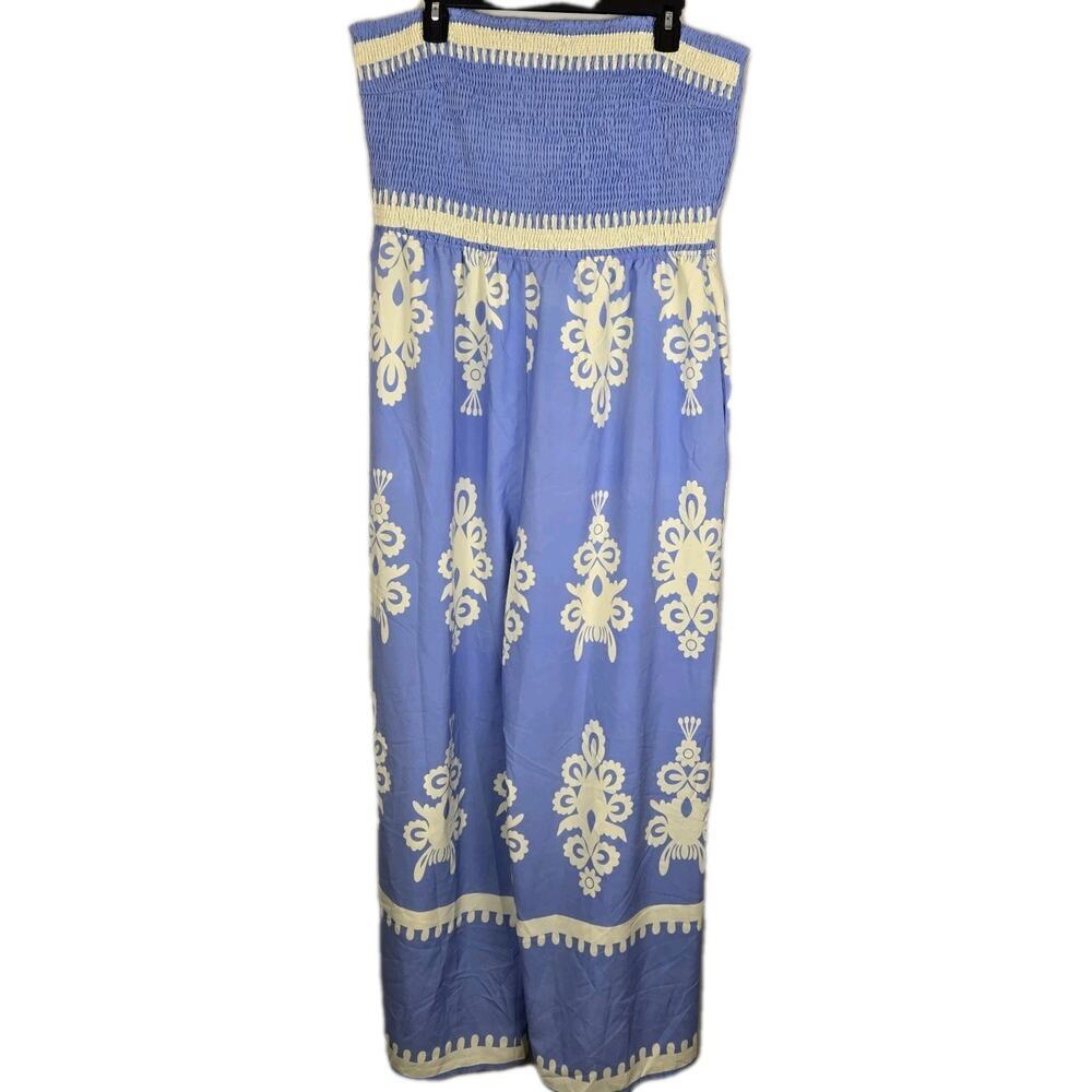 Off Shoulder Ruched High Waist Jumpsuit Wide Leg Detach Straps XXL Blue Wht NEW - Picture 2 of 13